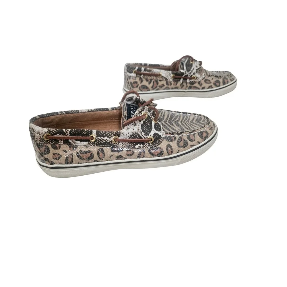 Sperry Bahama Boat Shoes Women 7.5 Brown Animal Print Sequin Mixed Media